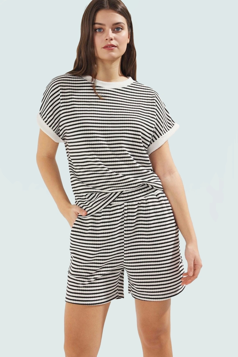 Rahat Örme Alt Üst Takım; Polyester Viskoz Elastan; Çizgili Desen; Kısa Boy Premium Kalite