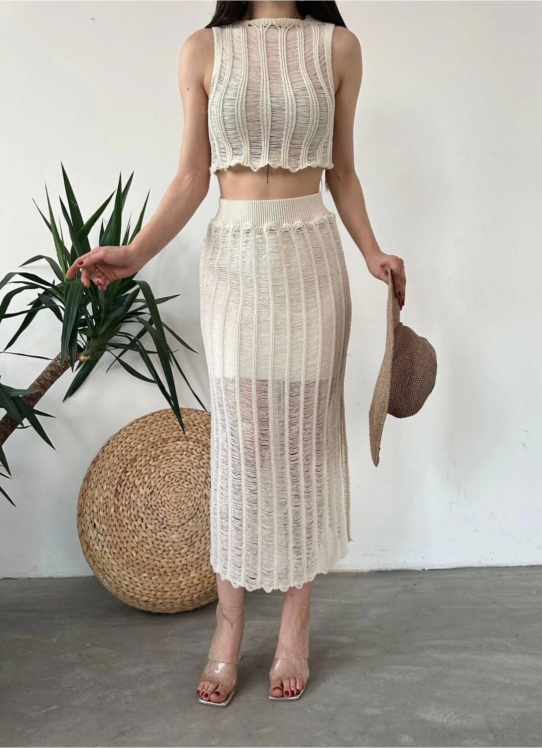 Moda Ajurlu Bisiklet Yaka Casual Günlük Ekru %100 Pamuk Ajurlu Delikli Regular Triko Alt-Üst Takım