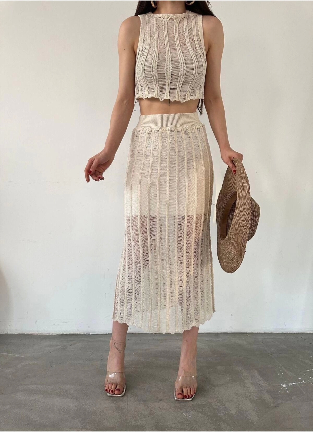 Moda Ajurlu Bisiklet Yaka Casual Günlük Ekru %100 Pamuk Ajurlu Delikli Regular Triko Alt-Üst Takım