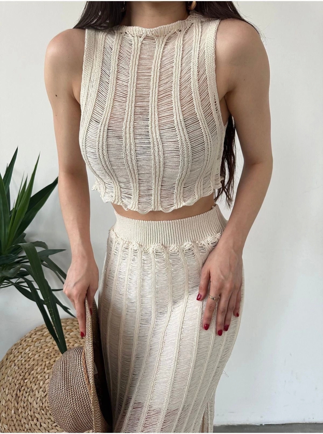 Moda Ajurlu Bisiklet Yaka Casual Günlük Ekru %100 Pamuk Ajurlu Delikli Regular Triko Alt-Üst Takım