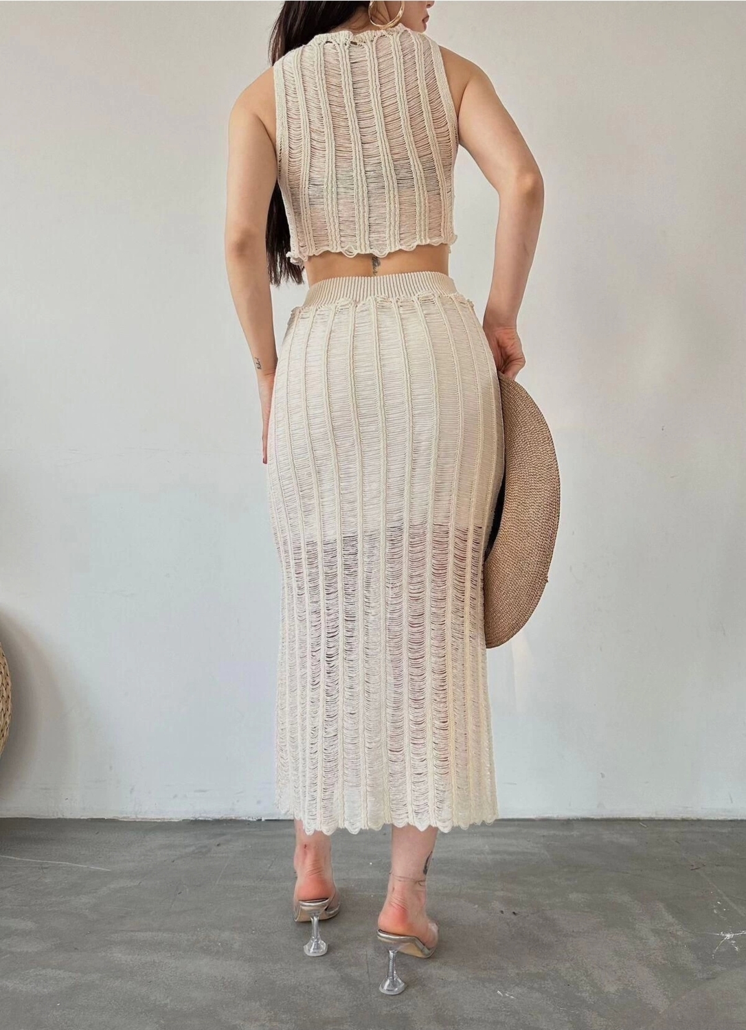 Moda Ajurlu Bisiklet Yaka Casual Günlük Ekru %100 Pamuk Ajurlu Delikli Regular Triko Alt-Üst Takım