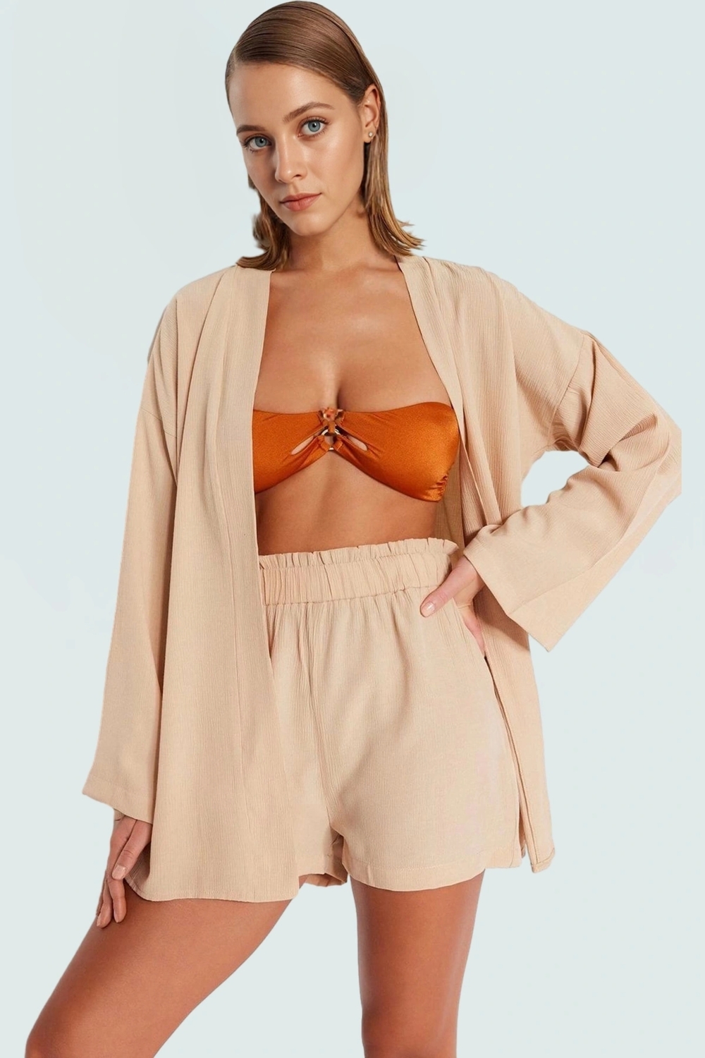Rahat Yazlık Şortlu Kimono Takım Dokuma V Yaka Plaj Modası Mükemmel Uyum Trend Tasarım
