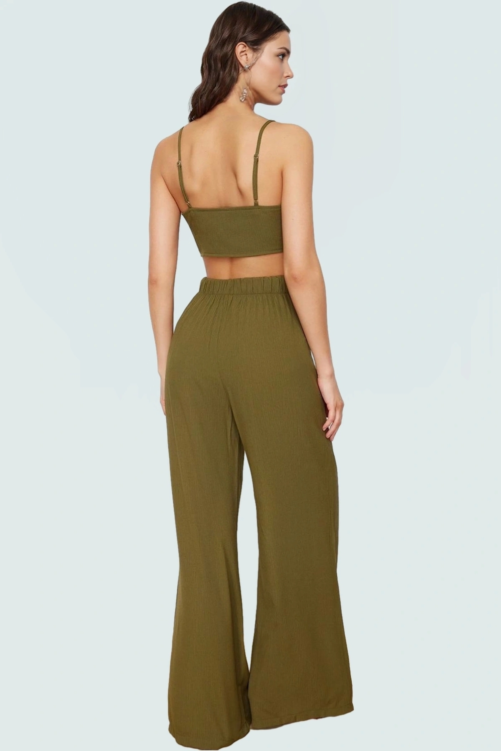 Plaj Şıklığı Crinkle Dokuma Bluz Pantolon Takımı Modern Stil Rahat Ve Şık Görünüm