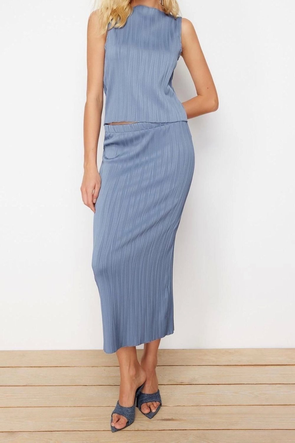 Moda Örme Düz Kayık Yaka Casual Günlük Indigo Dokulu Sıfır Kol Maxi Örme Alt-Üst Takım