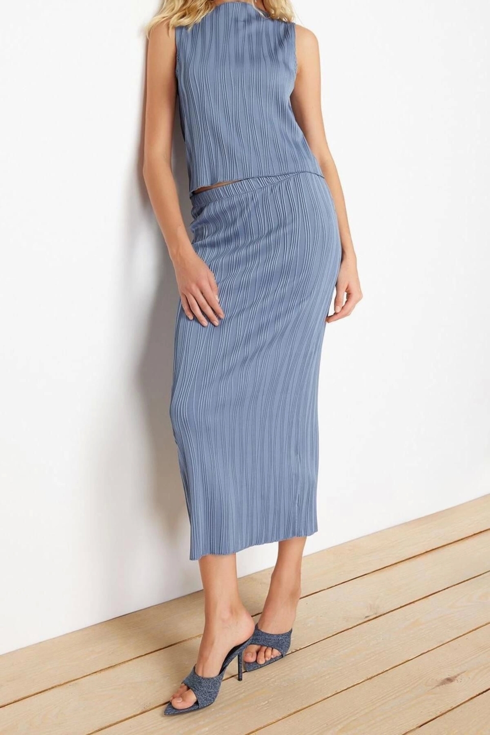 Moda Örme Düz Kayık Yaka Casual Günlük Indigo Dokulu Sıfır Kol Maxi Örme Alt-Üst Takım