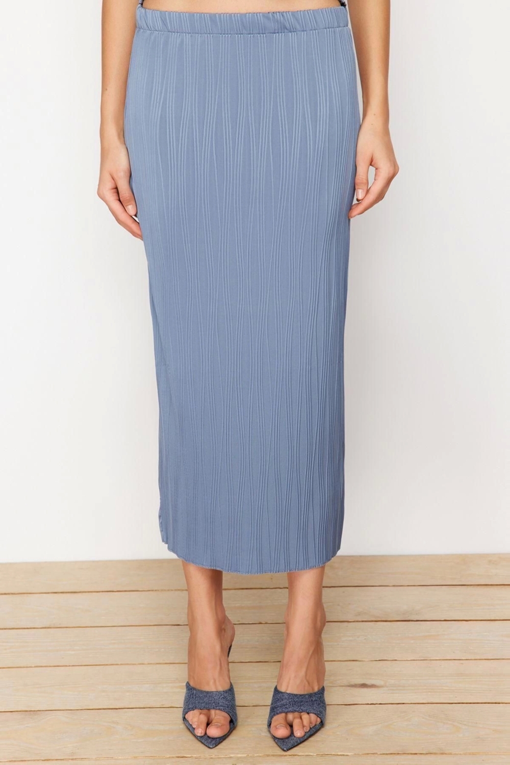 Moda Örme Düz Kayık Yaka Casual Günlük Indigo Dokulu Sıfır Kol Maxi Örme Alt-Üst Takım