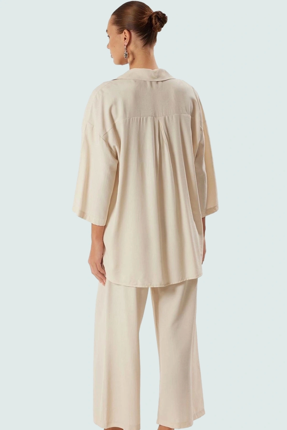 Rahat Plaj Takımı Viskoz Polyester Dokuma Uzun Gömlek ve Pantolon Dayanıklı Malzeme