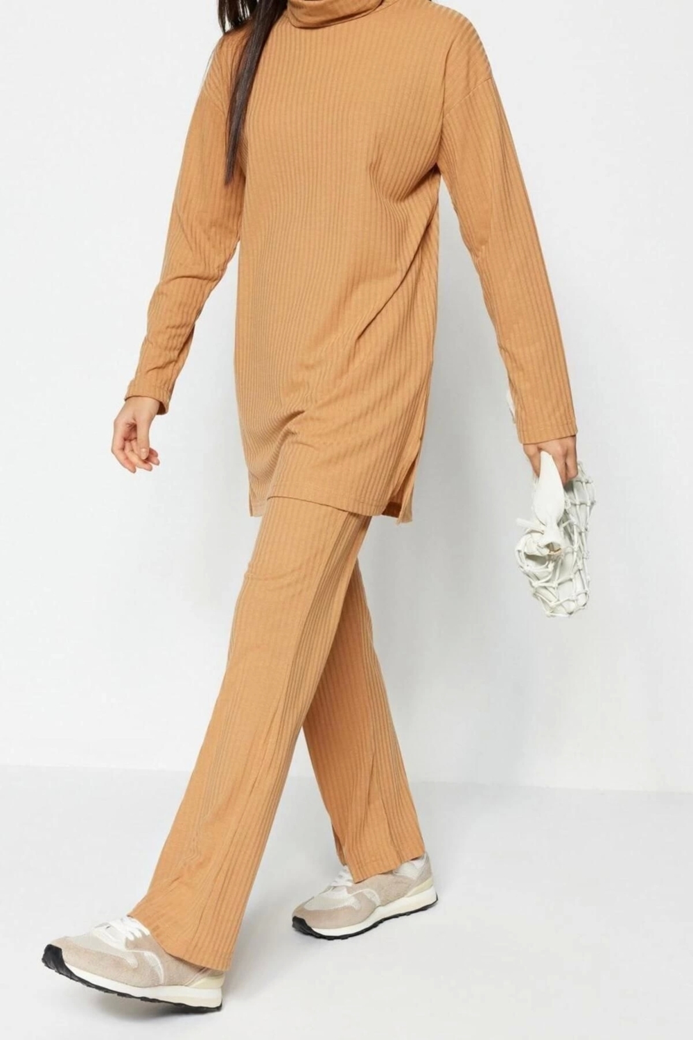 Moda Dokuma Yüksek Bel Düz Boğazlı Casual Günlük Boğazlı Tunik-Pantolon Örme Takım