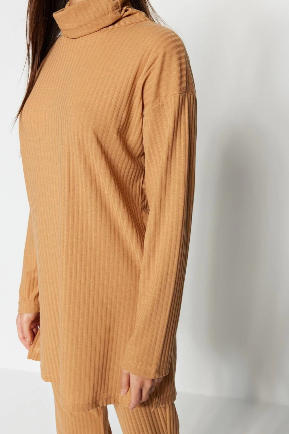 Moda Dokuma Yüksek Bel Düz Boğazlı Casual Günlük Boğazlı Tunik-Pantolon Örme Takım