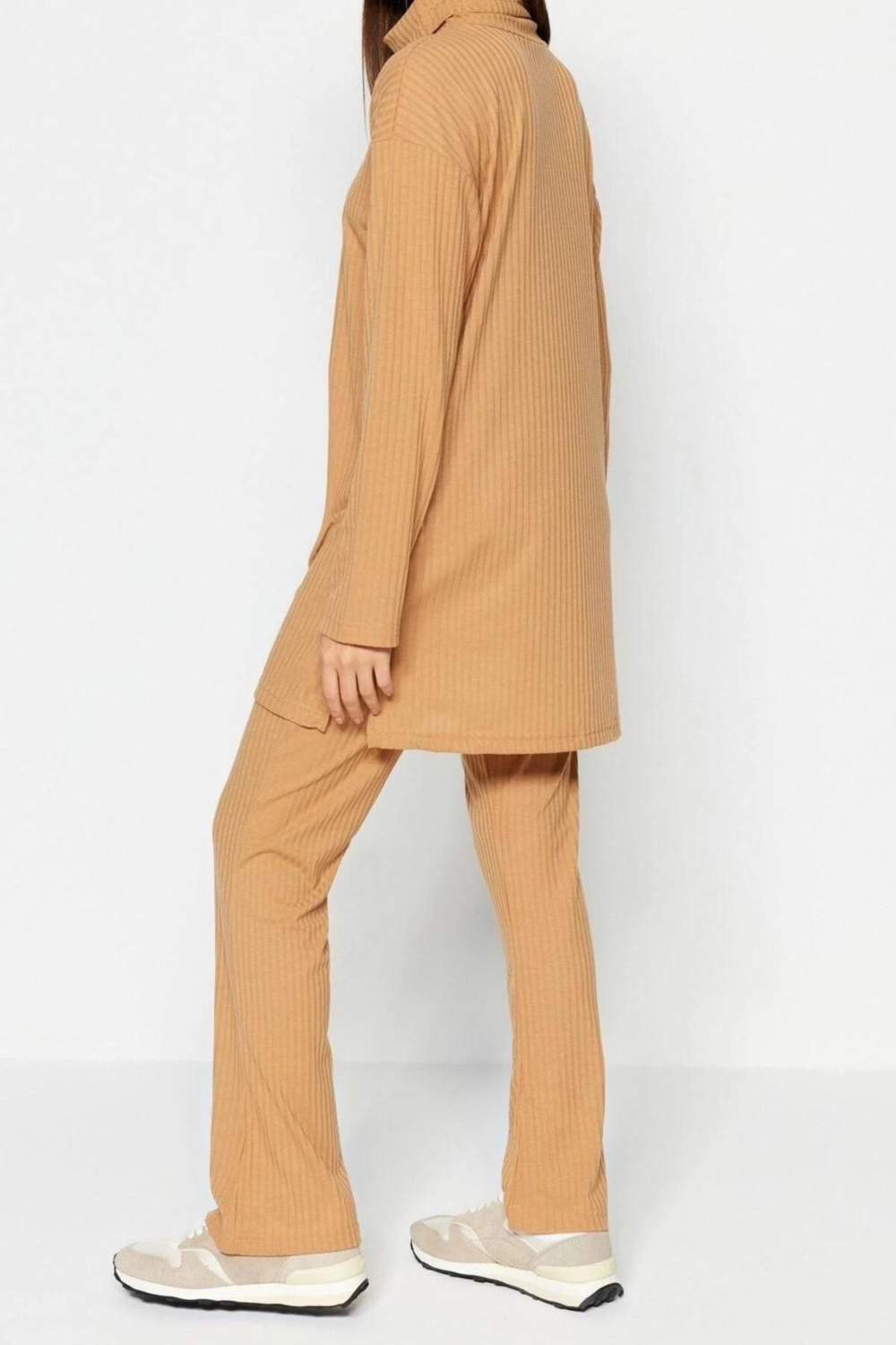 Moda Dokuma Yüksek Bel Düz Boğazlı Casual Günlük Boğazlı Tunik-Pantolon Örme Takım