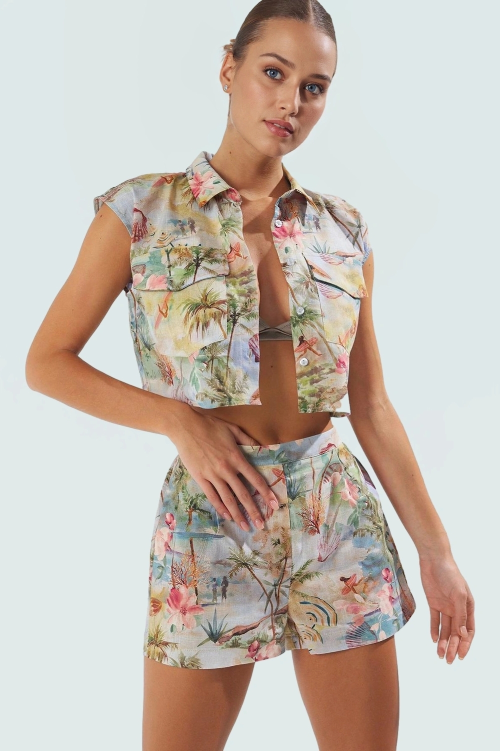 Pamuklu Yazlık Plaj Takımı Tropikal Desen Fitted Kalıp Özenle Seçilmiş Yüksek Kalite Modern Stil