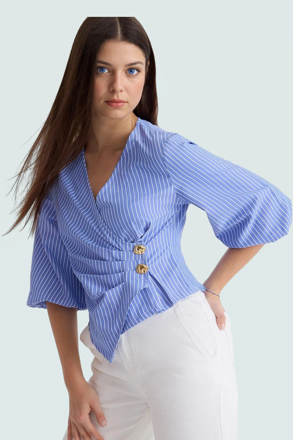 Yazlık Kısa Kol Çizgili Terrycotton Bluz V Yaka Casual Modern Stil Yüksek Kalite Uzun Ömürlü