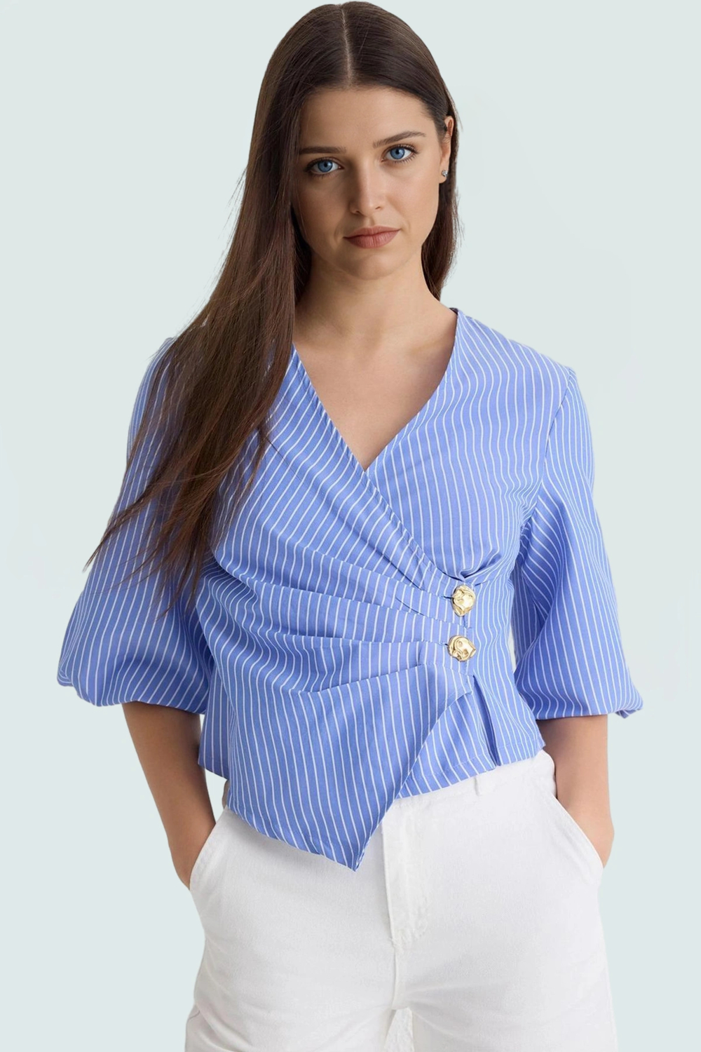 Yazlık Kısa Kol Çizgili Terrycotton Bluz V Yaka Casual Modern Stil Yüksek Kalite Uzun Ömürlü