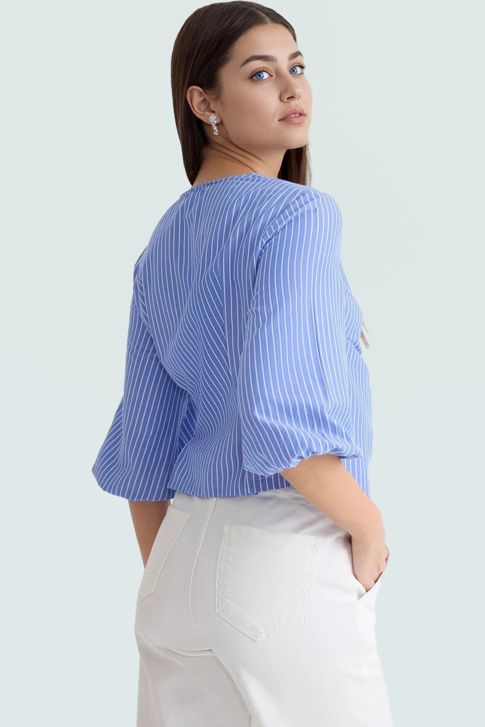 Yazlık Kısa Kol Çizgili Terrycotton Bluz V Yaka Casual Modern Stil Yüksek Kalite Uzun Ömürlü