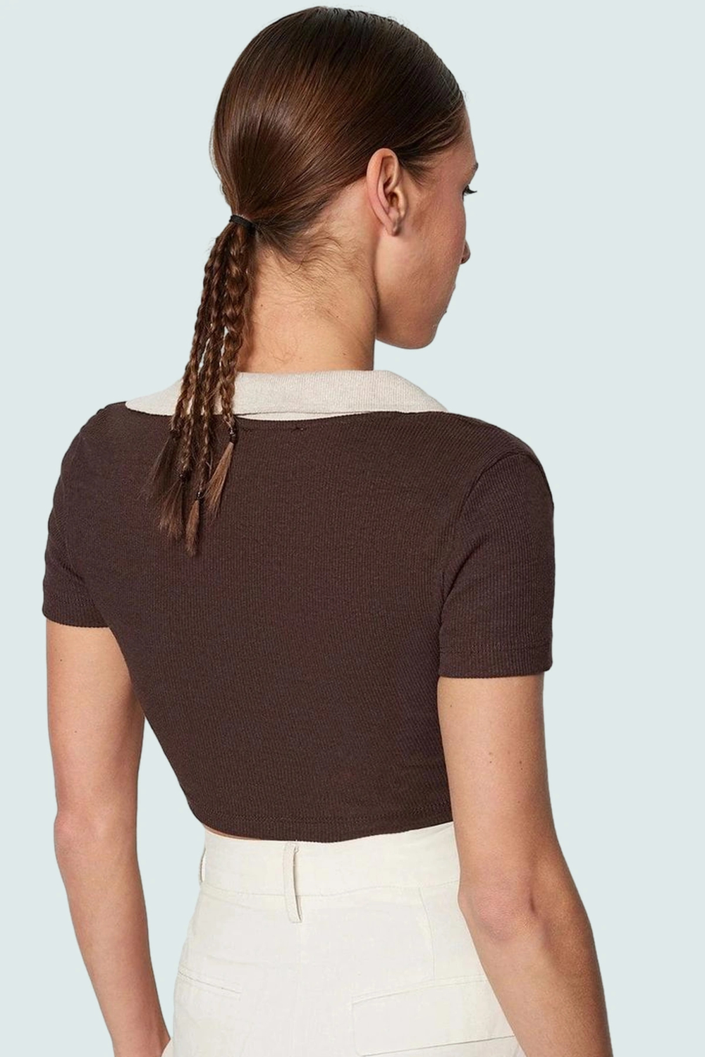 Esnek Örme Kısa Kollu Crop Bluz Polo Yaka Polyester Karışım Günlük Kullanım İçin