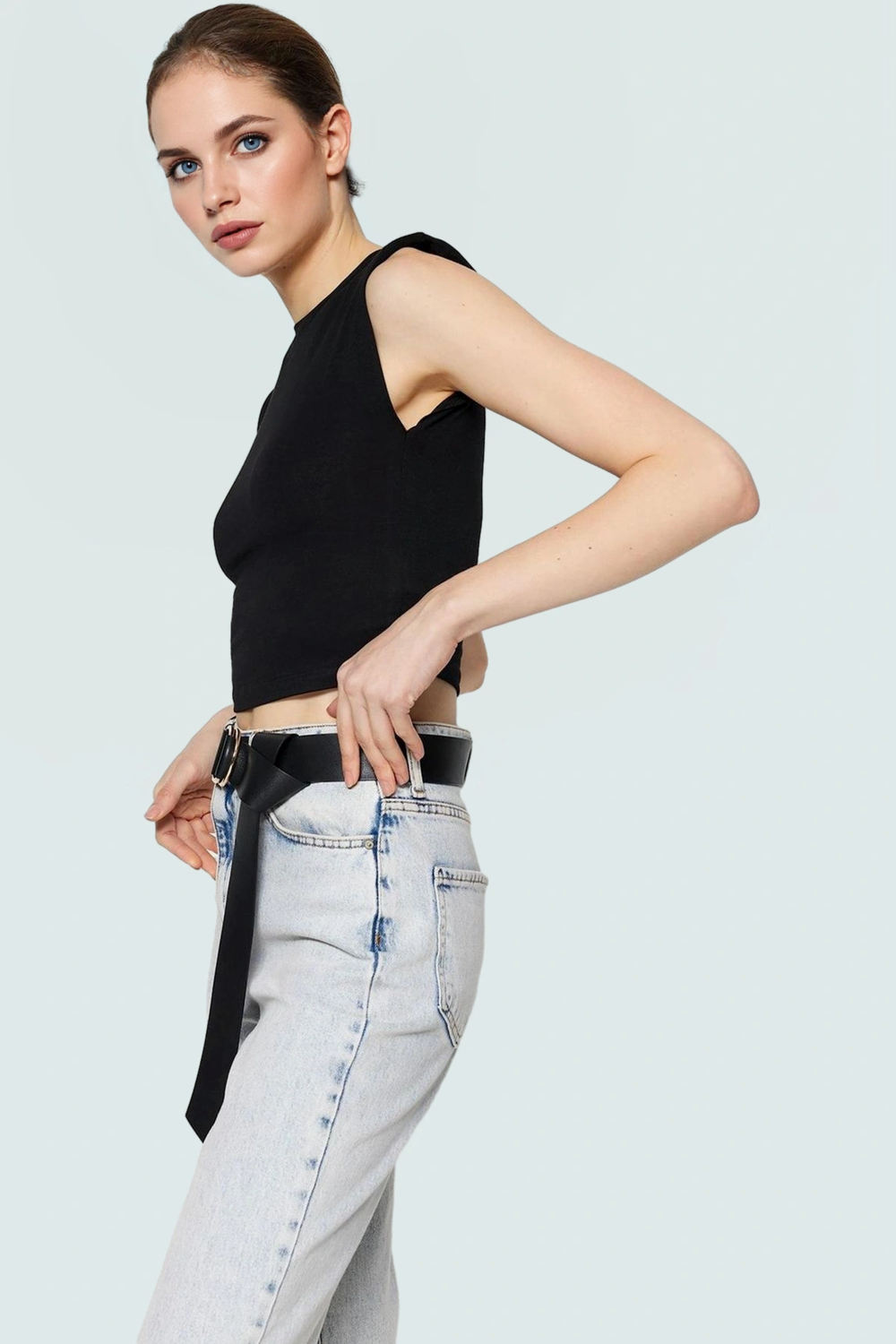 Fitted Vücut Oturan Kolsuz Örme Bluz Bisiklet Yaka Tasarım Premium Kalite Trend