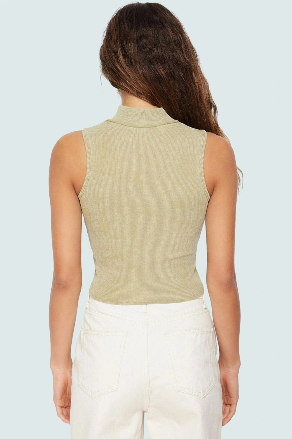 Pamuklu Örme Bluz Fitted Halter Yaka Fermuarlı Yazlık Konforlu Kesim Şık Görünüm