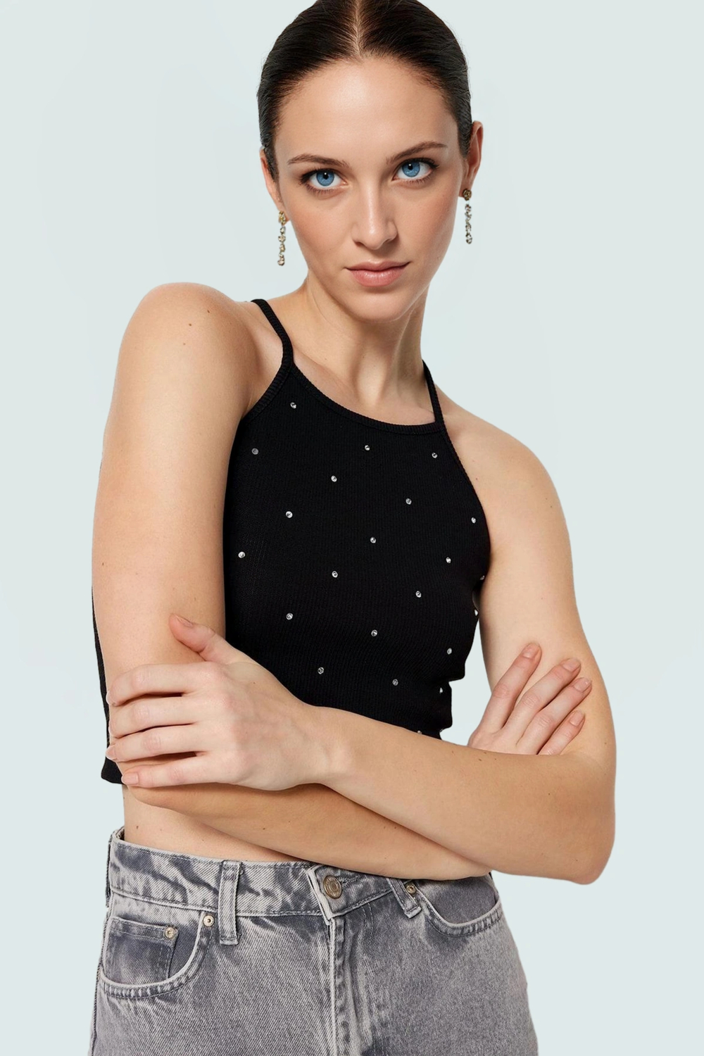 Fitted Crop Bluz Renk Pamuklu Kaşkorse Örme Kumaş Özenle Seçilmiş Premium Kalite