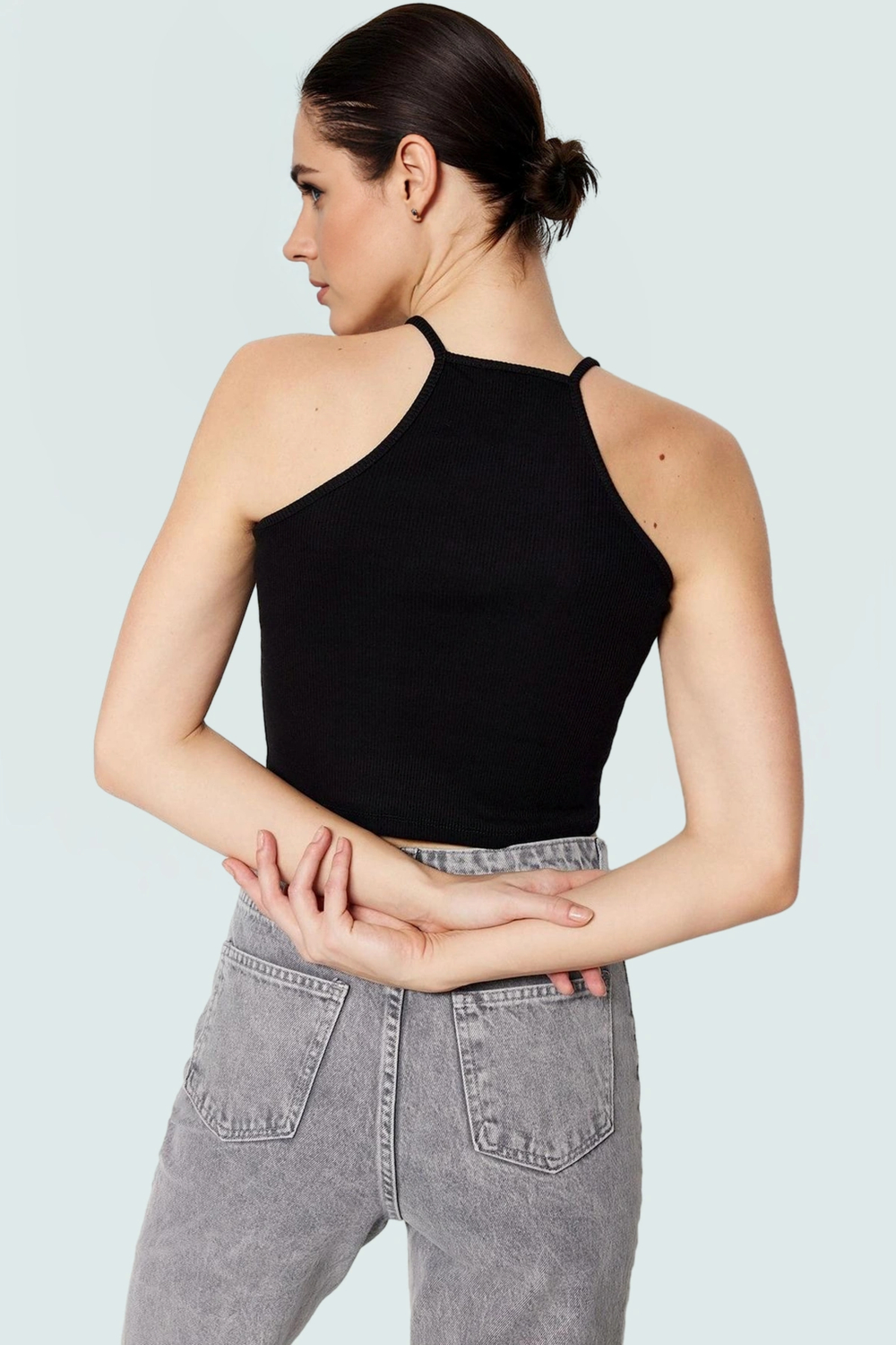 Fitted Crop Bluz Renk Pamuklu Kaşkorse Örme Kumaş Özenle Seçilmiş Premium Kalite