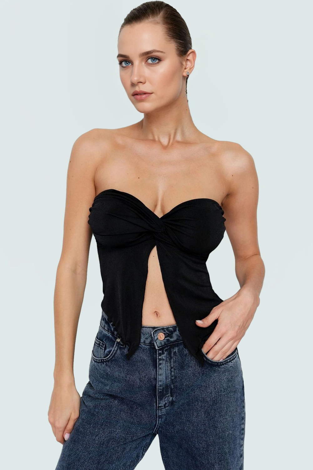 Yazlık Crop Bluz Buzzy Dokuma Polyester Straplez Kemersiz Günlük Stil Rahat Kullanım