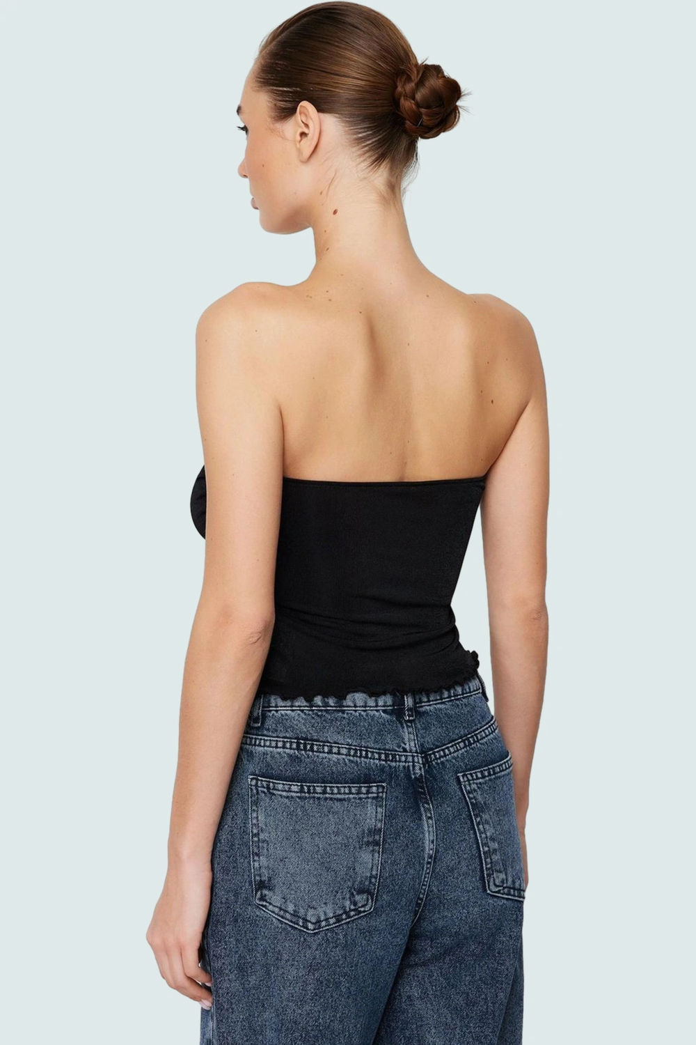Yazlık Crop Bluz Buzzy Dokuma Polyester Straplez Kemersiz Günlük Stil Rahat Kullanım