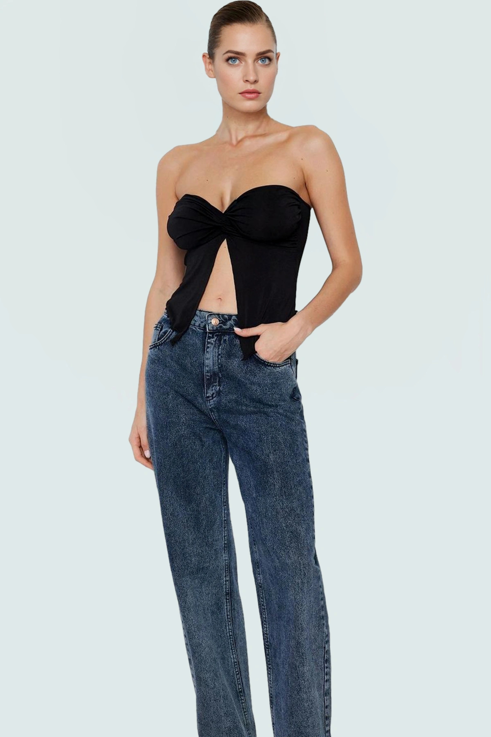 Yazlık Crop Bluz Buzzy Dokuma Polyester Straplez Kemersiz Günlük Stil Rahat Kullanım