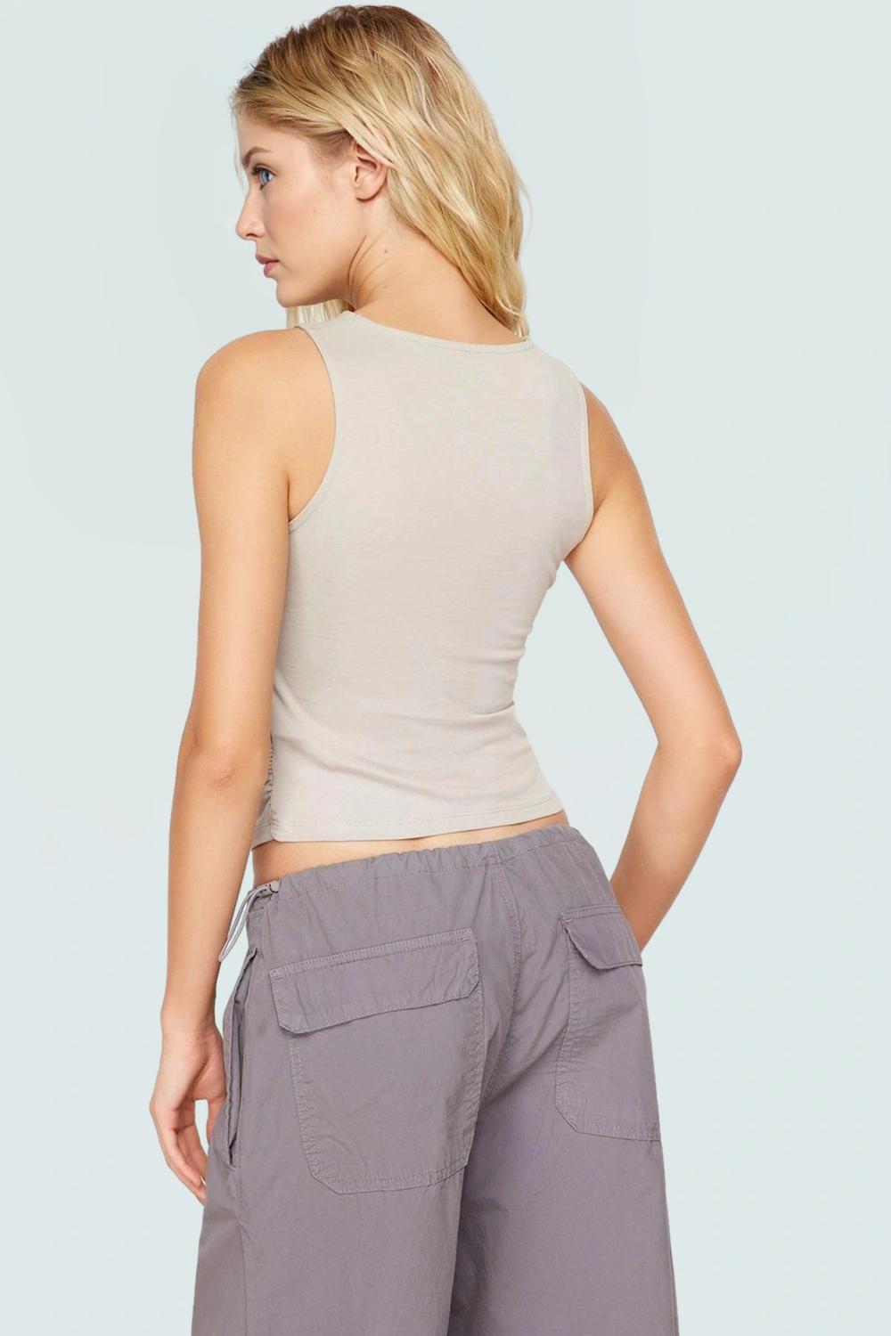 Pamuklu Likralı Penye Kadın Bluz Crop Bisiklet Yaka Büzgü Detaylı Günlük Stil Konforlu Kesim