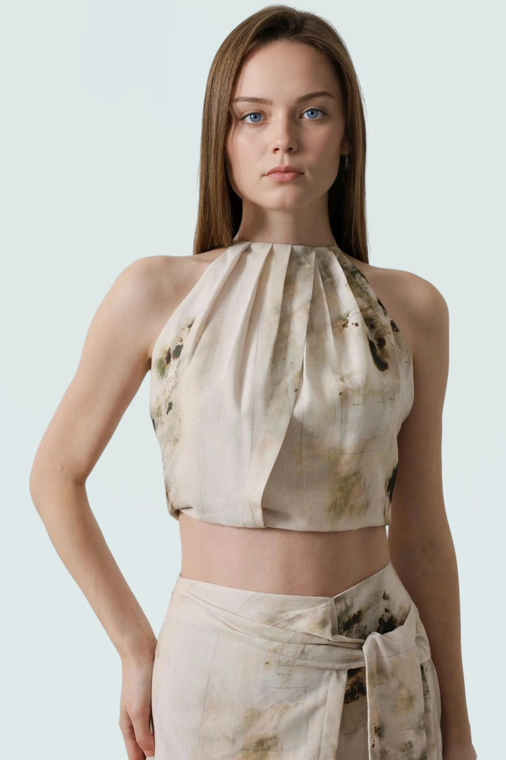 Rahat Kolsuz Bluz Keten Görünümlü Dokuma 100% Polyester Yazlık Crop Profesyonel Görünüm