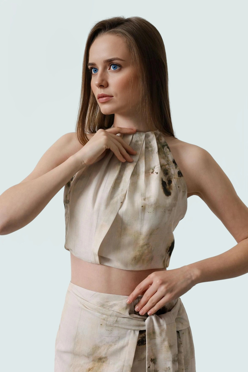 Rahat Kolsuz Bluz Keten Görünümlü Dokuma 100% Polyester Yazlık Crop Profesyonel Görünüm