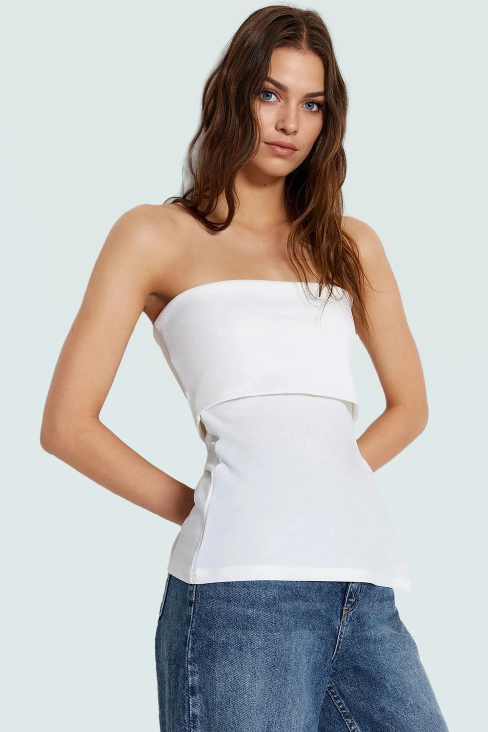 Yandan Fermuarlı Krep Örme Straplez Bluz Premium Kalite Modern Stil