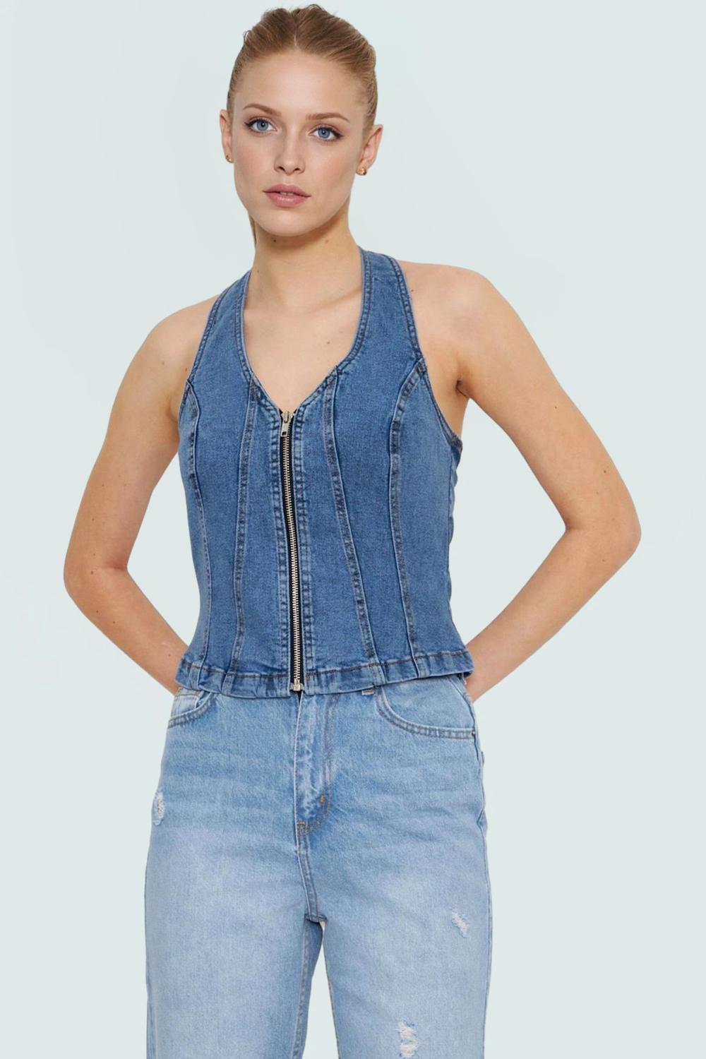 Pamuklu Stretch Denim Bluz Renk Halter Yaka Fitted Casual Yaz Özel Tasarım Şık Görünüm