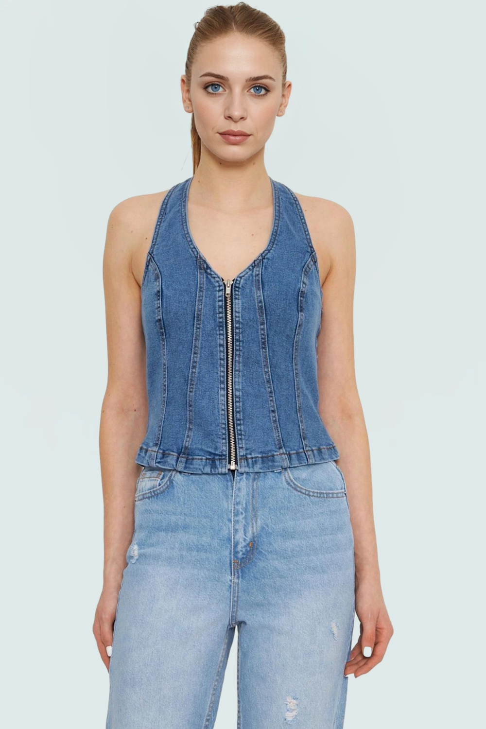 Pamuklu Stretch Denim Bluz Renk Halter Yaka Fitted Casual Yaz Özel Tasarım Şık Görünüm