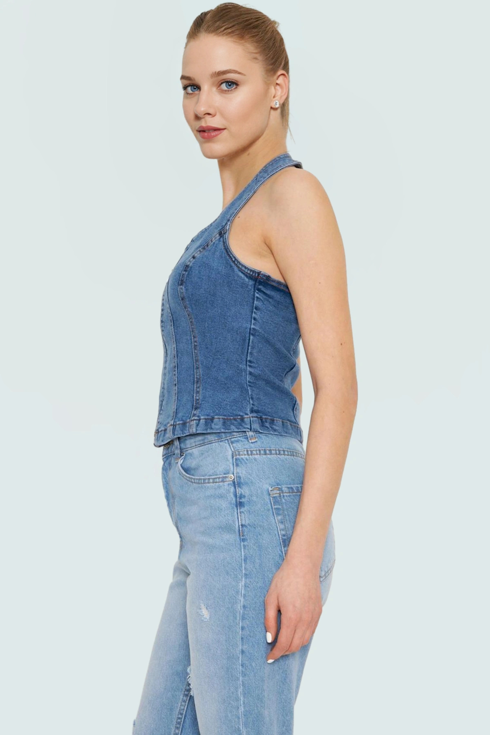 Pamuklu Stretch Denim Bluz Renk Halter Yaka Fitted Casual Yaz Özel Tasarım Şık Görünüm