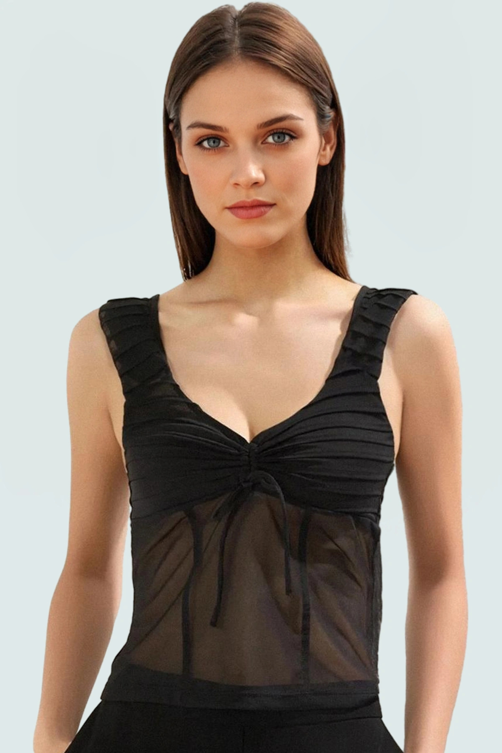 V Yaka Fırfırlı Tül Örme Bluz Yazlık Şık Tasarım Modern Stil Yüksek Kalite Kaliteli İşçilik