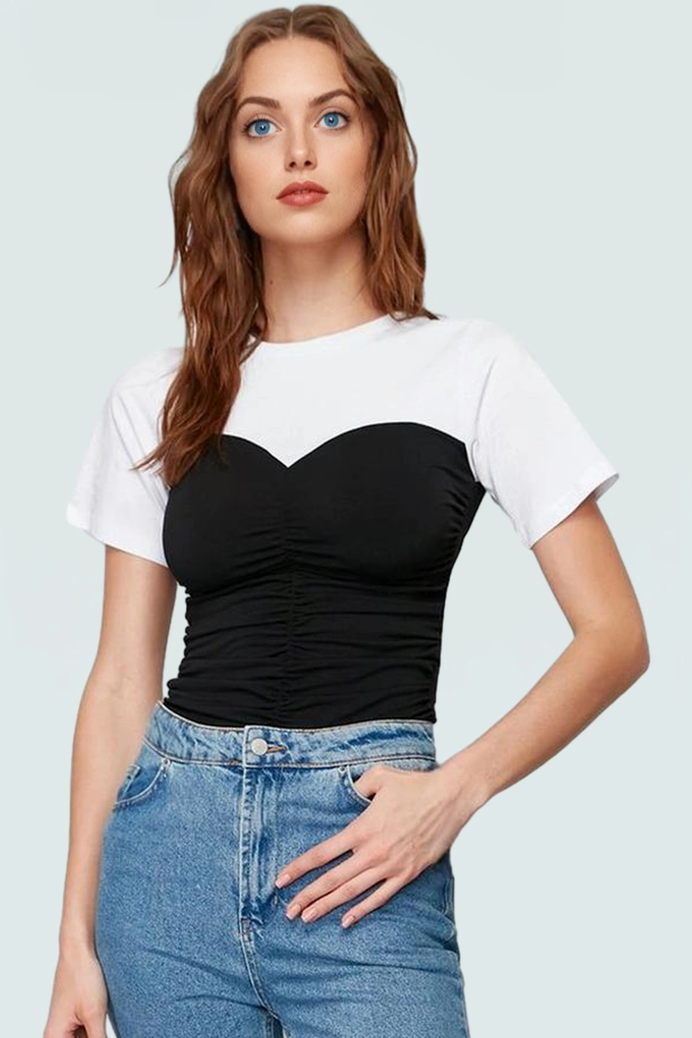 Pamuklu Örme Bluz Renk Bloklu Fitted Büzgü Detaylı Kemersiz Yazlık Özenle Seçilmiş