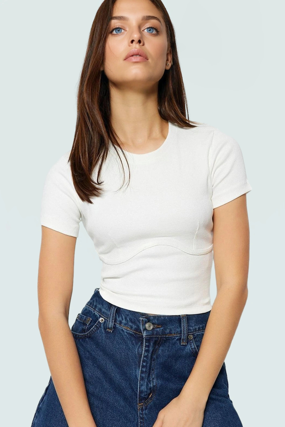 Rahat Pamuklu Kaşkorse Crop Bluz Bisiklet Yaka Kısa Kol Yazlık Ve Şık