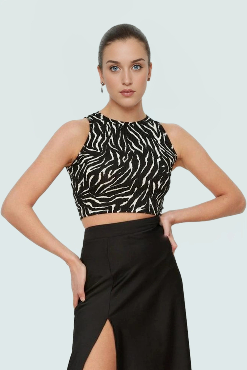 Crop Bluz Animal Baskı Halter Yaka Örme Polyester Rahat Günlük Uzun Ömürlü Mükemmel Uyum