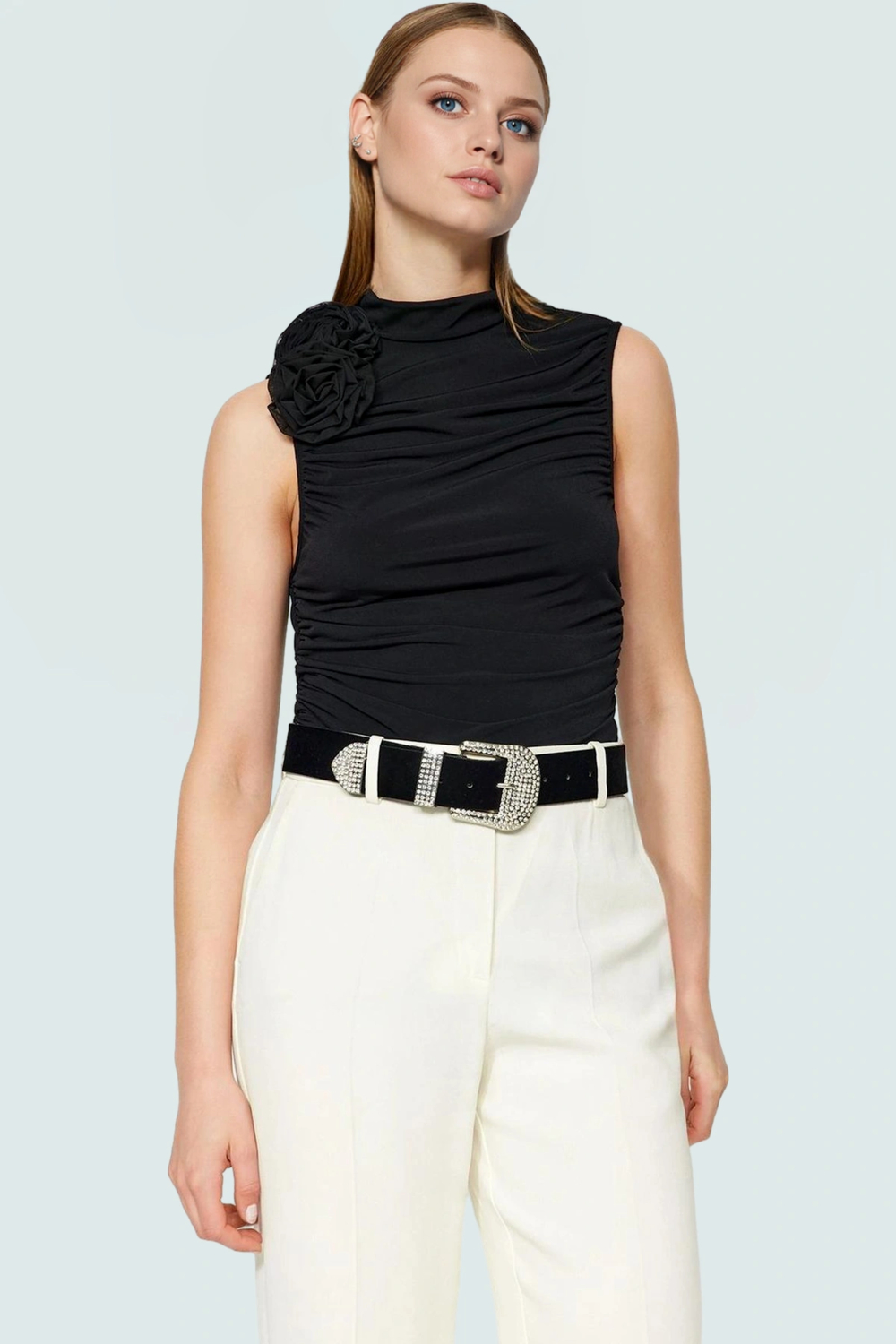Kolsuz Örme Bluz Dik Yaka Regular Kalıp Polyester Karışımlı Yazlık Premium Kalite Modern Stil