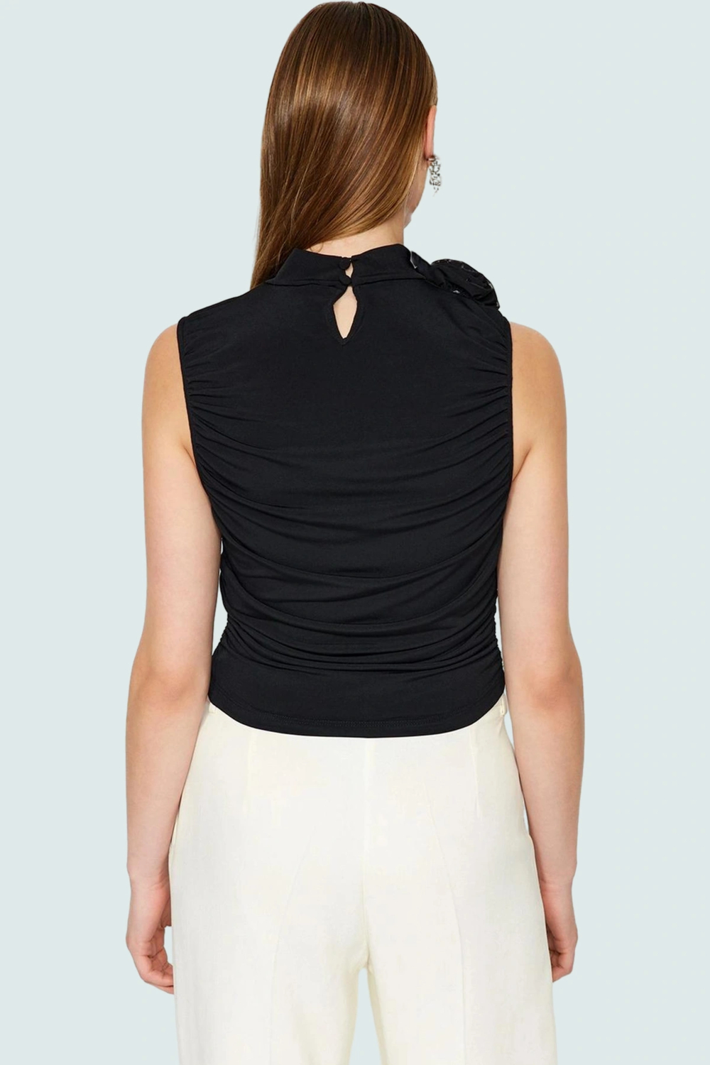 Kolsuz Örme Bluz Dik Yaka Regular Kalıp Polyester Karışımlı Yazlık Premium Kalite Modern Stil