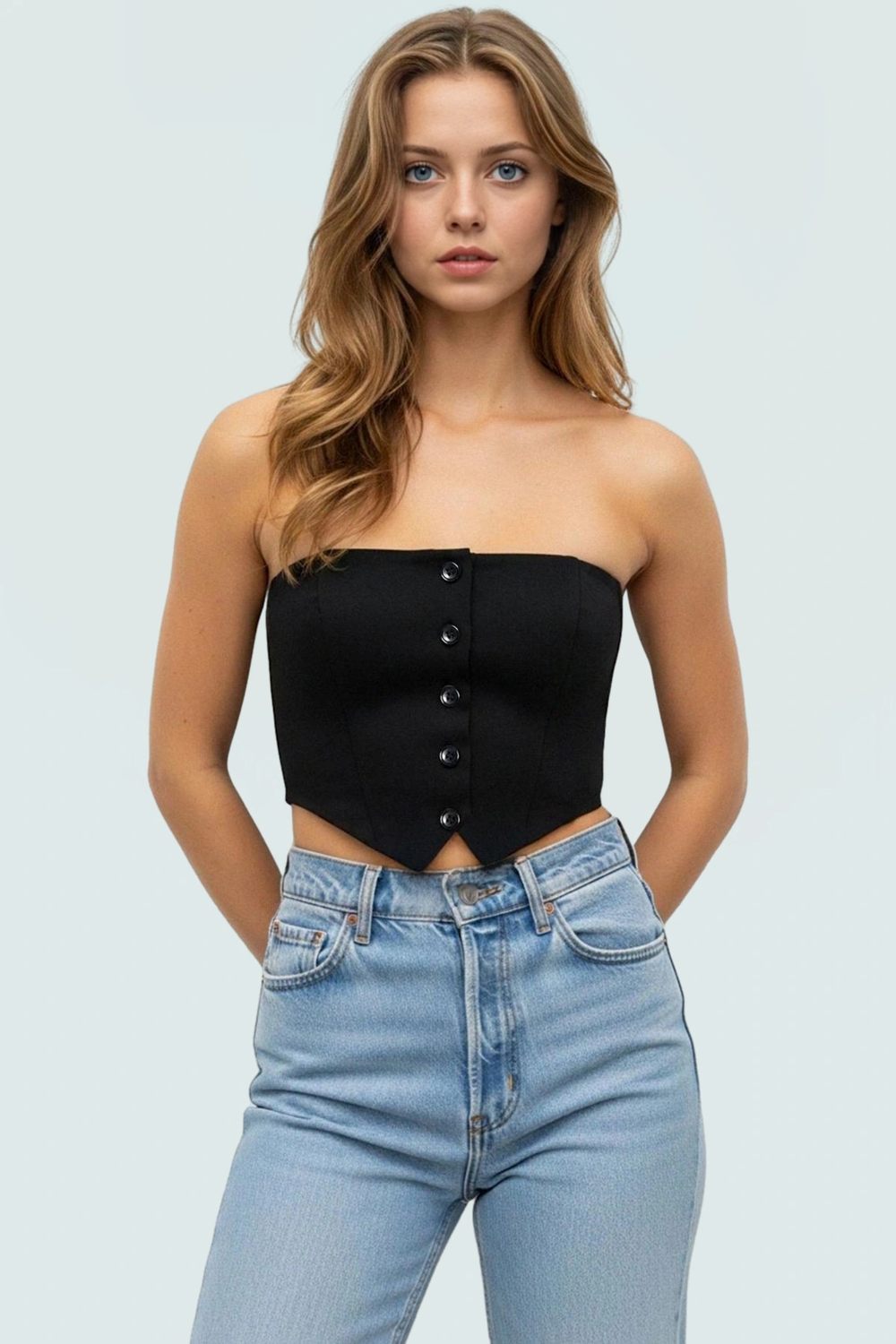 Crop Bluz İnce Askılı Straplez Dokuma Kumaş Bodycon Konforlu Kesim Günlük Kullanım İçin