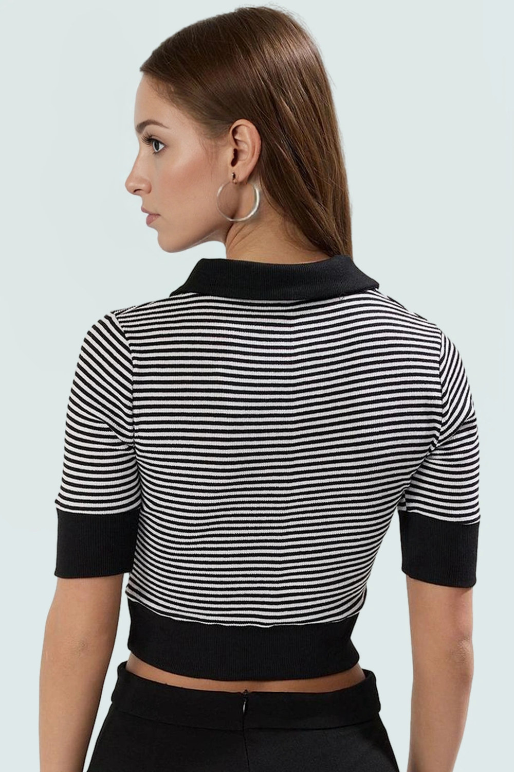 Rejenere Kaşkorse Crop Bluz Çizgili Polo Yaka Fitted Yazlık Konforlu Kesim Özenle Seçilmiş
