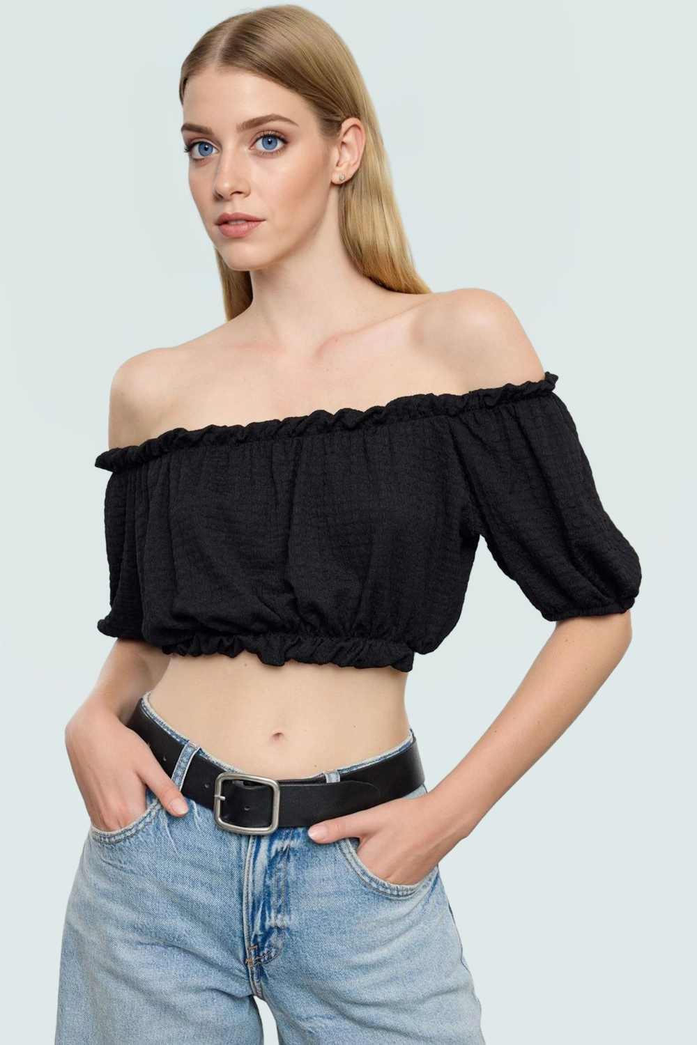 Kadın Polyester Bürümcük Dokuma Crop Bluz Carmen Yaka Kısa Kol Özel Tasarım Zarifane