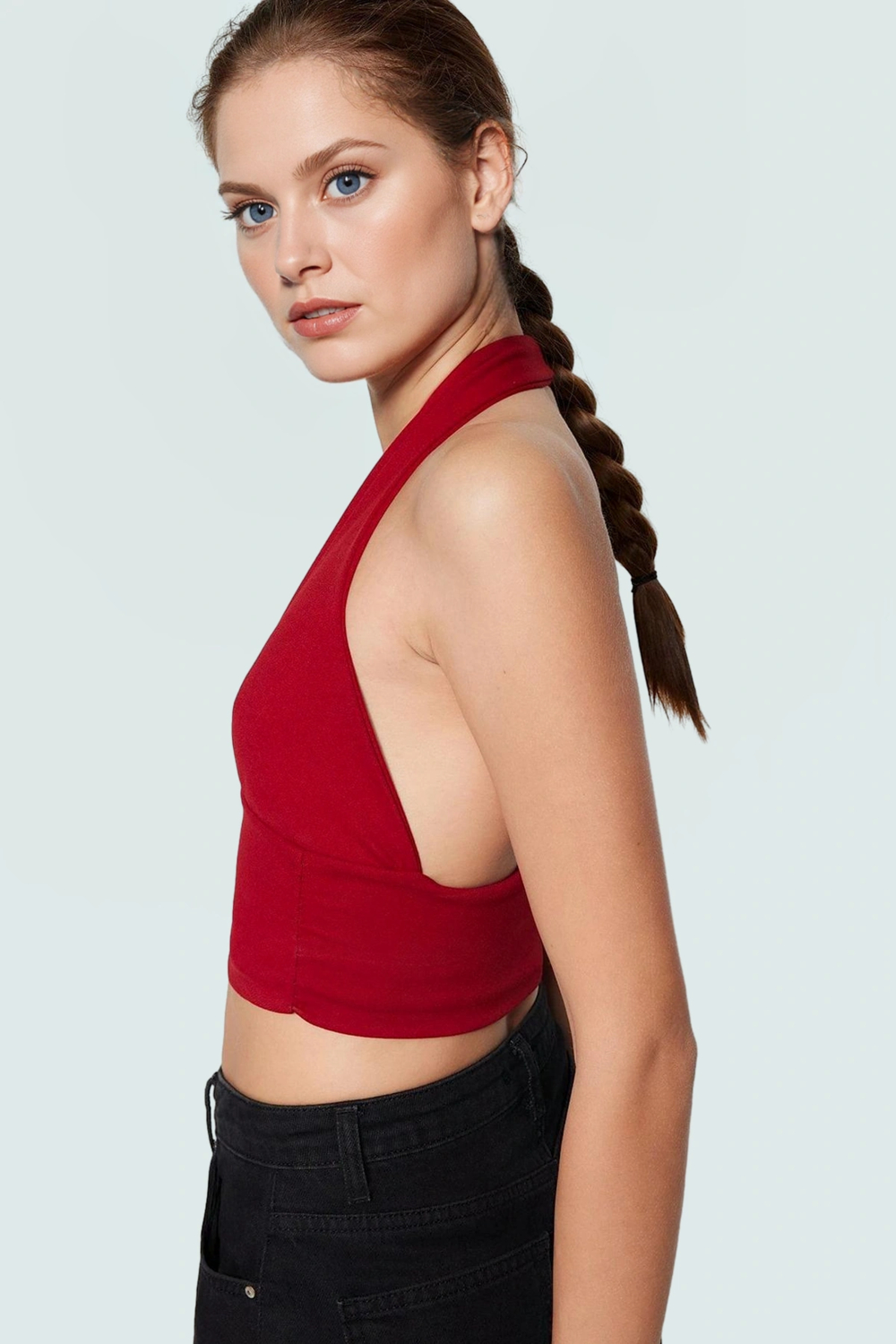 Vücuda Oturan Crop Bluz Boyundan Bağlamalı Örme Kumaş Modern Stil Premium Kalite