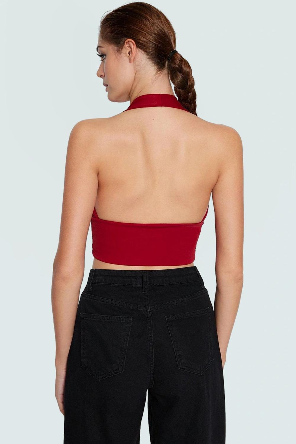 Vücuda Oturan Crop Bluz Boyundan Bağlamalı Örme Kumaş Modern Stil Premium Kalite