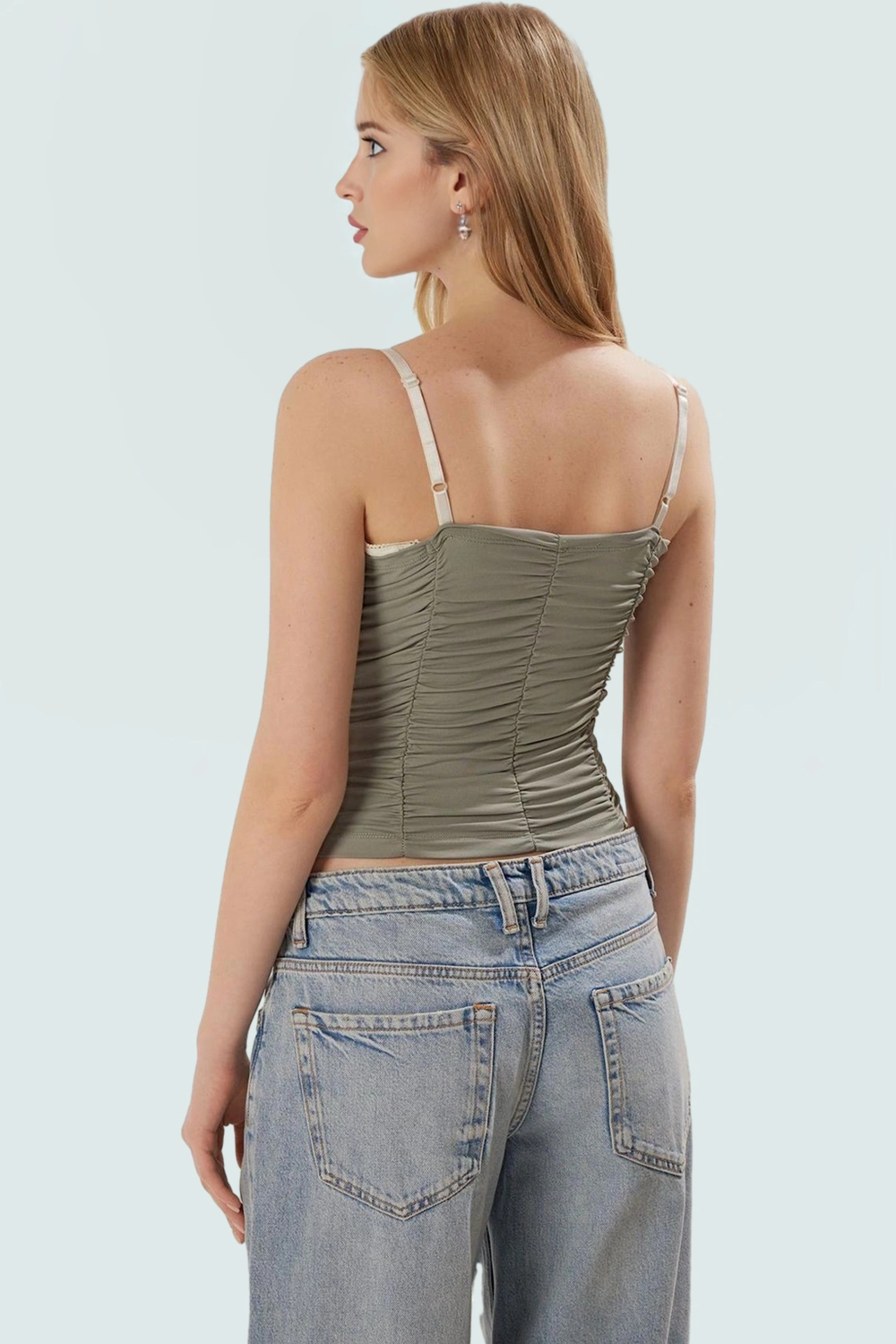 Fitted Bluz Büzgü Detaylı Poliamid Kumaş Yazlık Crop Dayanıklı Malzeme Rahat Ve Şık