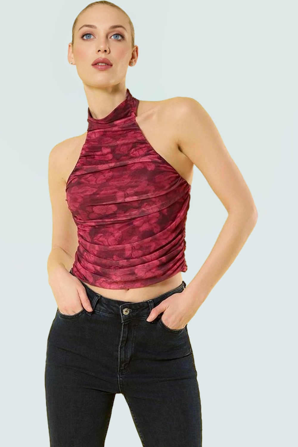 Tül Örme Bluz Halter Yaka Fitted Crop Yazlık Premium Kalite Uzun Ömürlü