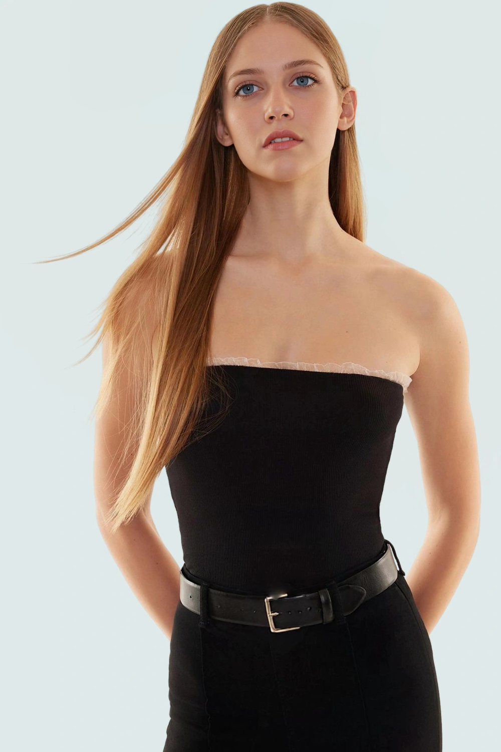 Pamuklu Kaşkorse Dokuma Crop Bluz Straplez Yaka Yazlık Dayanıklı Malzeme Modern Stil