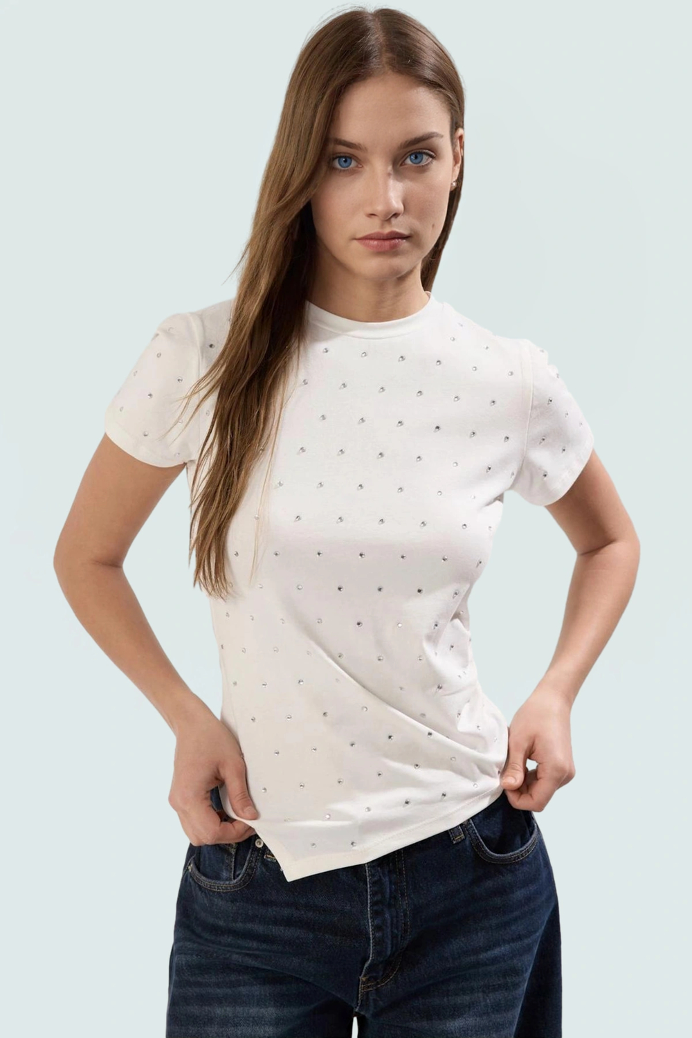 Asimetrik Taşlı T shirt Pamuklu Fitted Yazlık Dayanıklı Malzeme Modern Stil Özenle Seçilmiş
