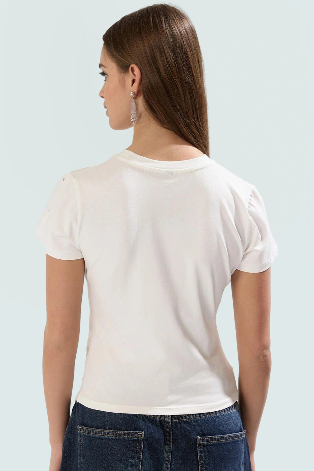 Asimetrik Taşlı T shirt Pamuklu Fitted Yazlık Dayanıklı Malzeme Modern Stil Özenle Seçilmiş