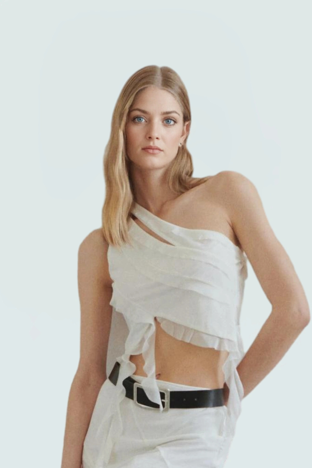 Yazlık Crop Bluz Tül Örme Asimetrik Yaka Polyester Karışım Dayanıklı Malzeme Konforlu Kesim